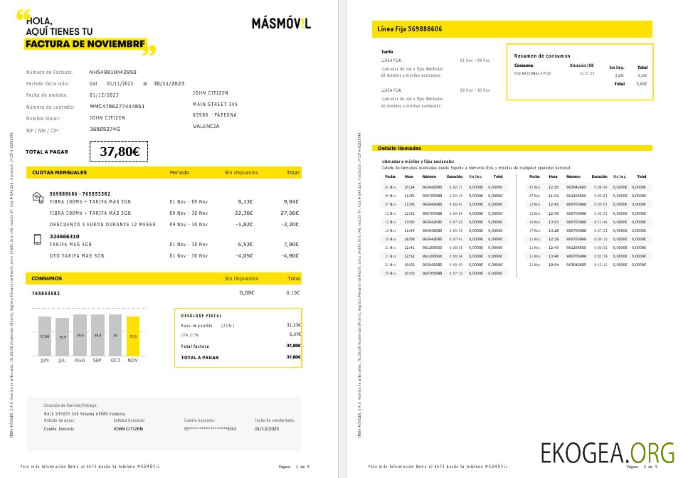 Spain Masmovil internet and mobile utility bill word and pdf formats, 5 pages template